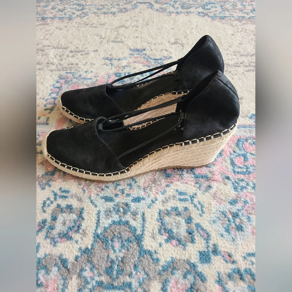 Eileen Fisher Yasmin Espadrille Wedge Shoes Women's 9 Black‎ Leather Strappy